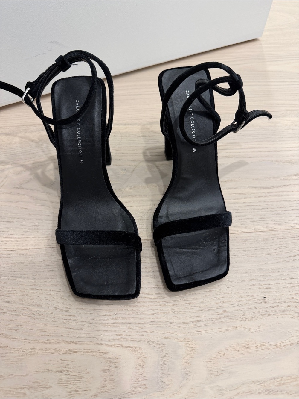 Zara Black Suede Strappy Square-Toe Block Heels